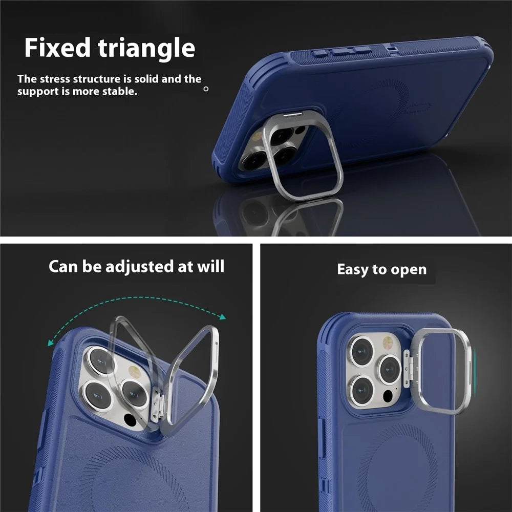 For iPhone 15 Pro Max Magnetic Case Lens Kickstand 3 in 1 Detachable TPU + PC Phone Back Cover with Lanyard - Dark Blue - 5