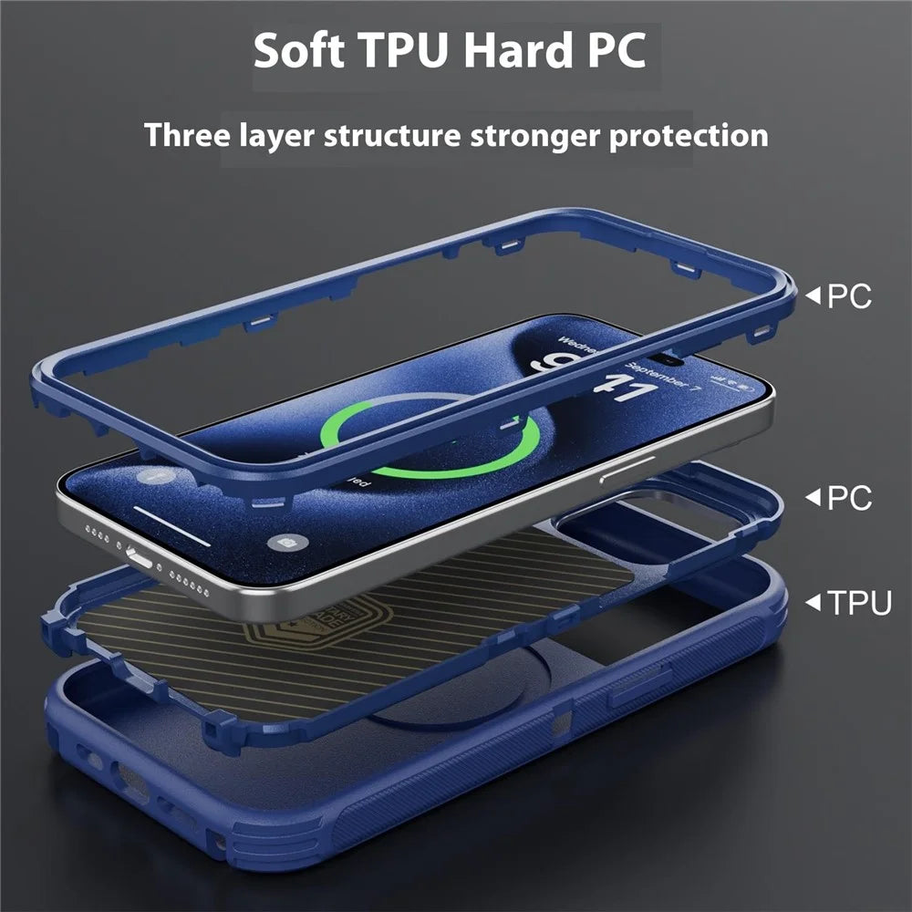 For iPhone 15 Pro Max Magnetic Case Lens Kickstand 3 in 1 Detachable TPU + PC Phone Back Cover with Lanyard - Dark Blue - 6