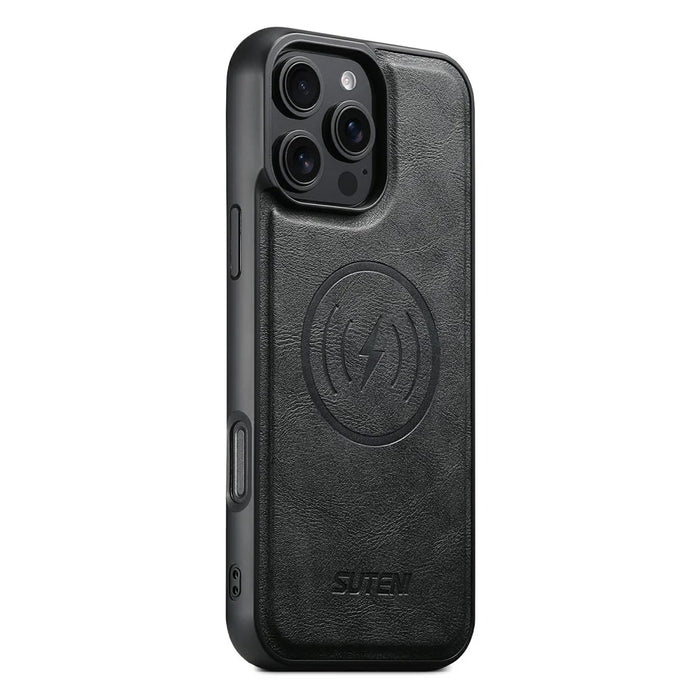 SUTENI G5 For iPhone 16 Pro Max Case Compatible with MagSafe Cowhide Texture Leather Back Cover - Black - 1