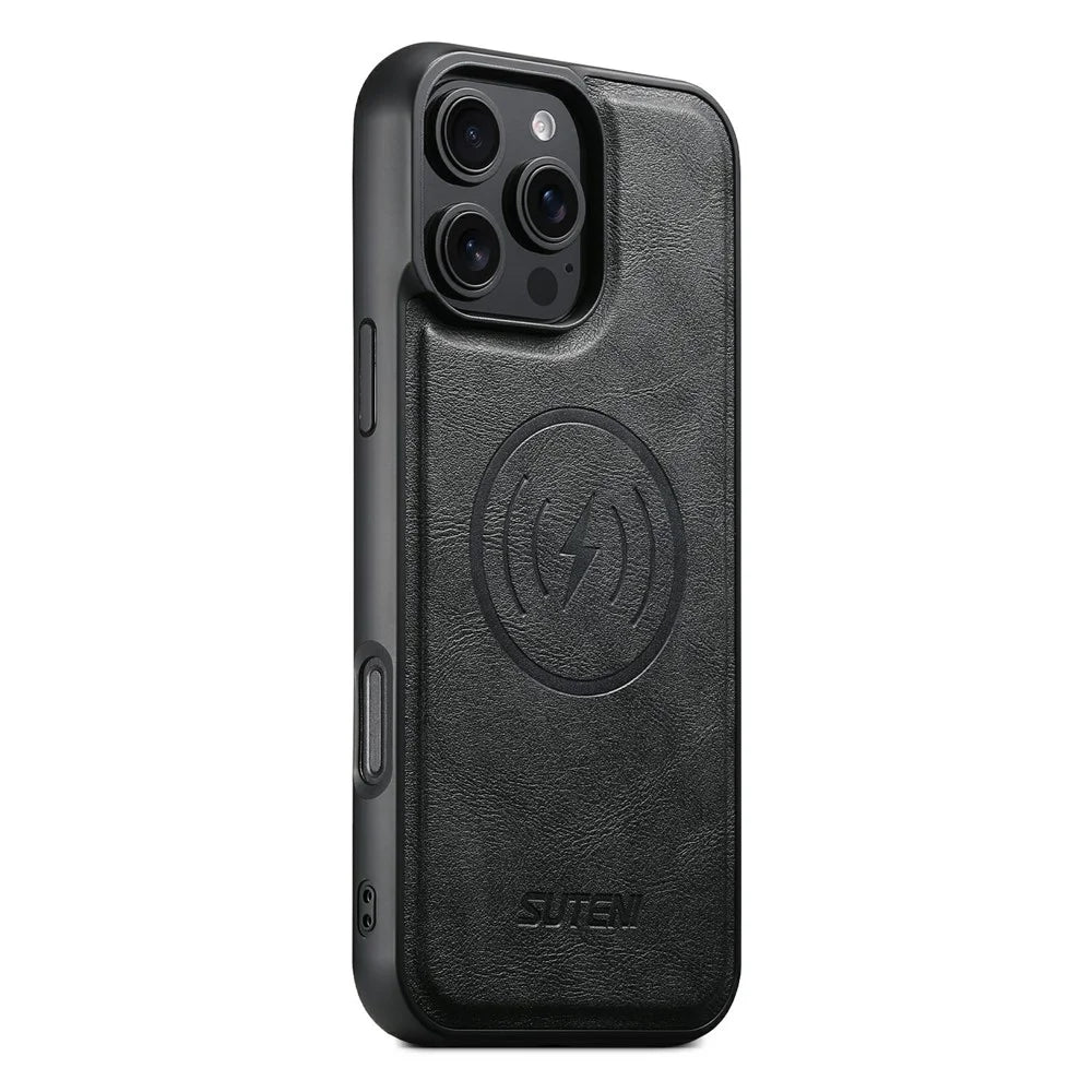SUTENI G5 For iPhone 16 Pro Case Compatible with MagSafe Cowhide Texture Leather Back Cover - Black - 1