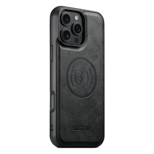 SUTENI G5 For iPhone 16 Pro Case Compatible with MagSafe Cowhide Texture Leather Back Cover - Black - 1