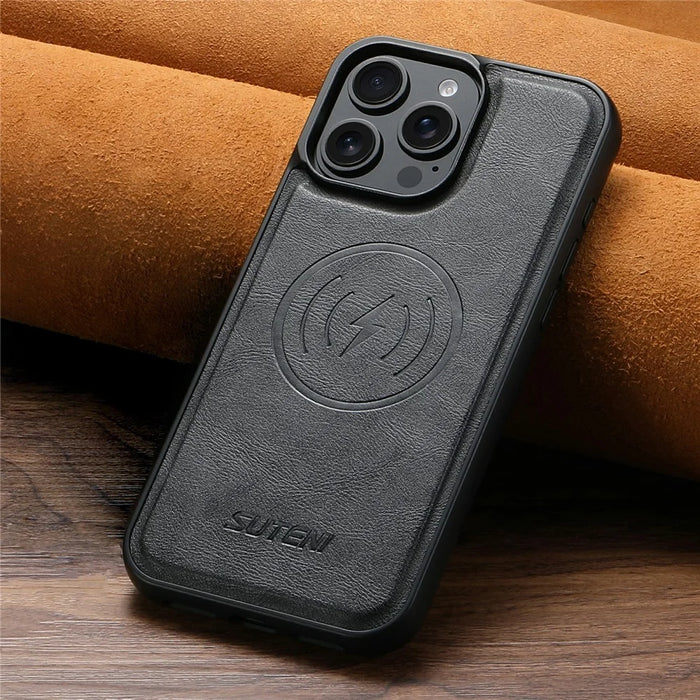 SUTENI G5 For iPhone 16 Pro Case Compatible with MagSafe Cowhide Texture Leather Back Cover - Black - 5