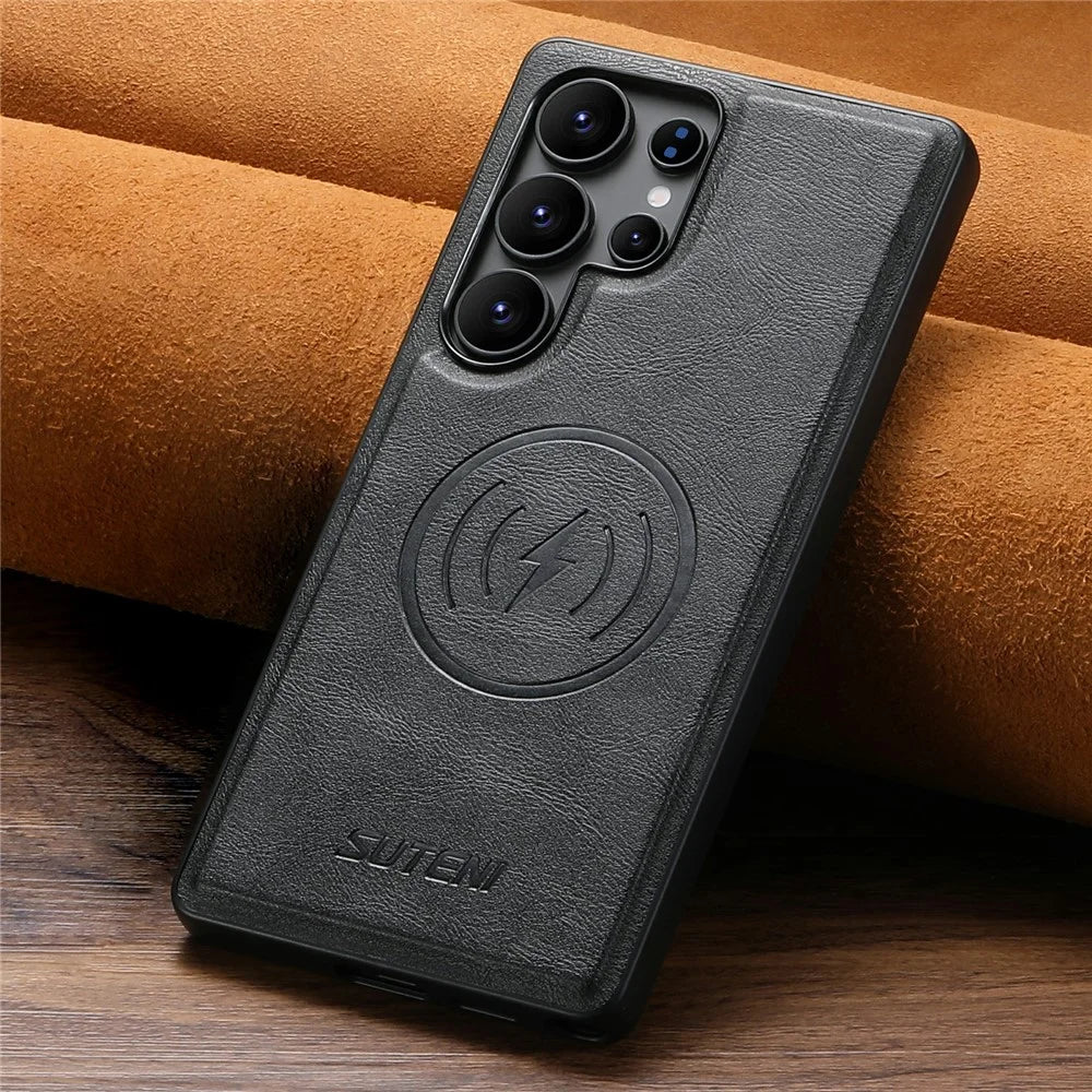SUTENI G5 For Samsung Galaxy S23 Ultra Magnetic Case Cowhide Texture Leather Back Cover - Black - 5