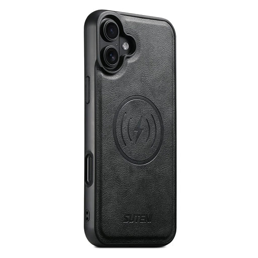 SUTENI G5 For iPhone 16 Plus Case Compatible with MagSafe Cowhide Texture Leather Back Cover - Black - 1