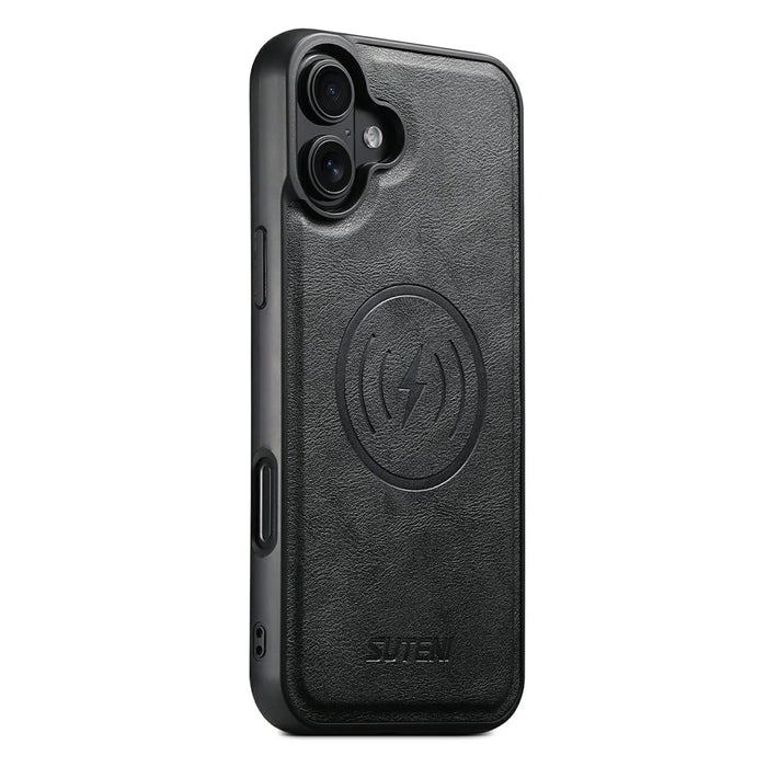 SUTENI G5 For iPhone 16 Plus Case Compatible with MagSafe Cowhide Texture Leather Back Cover - Black - 1