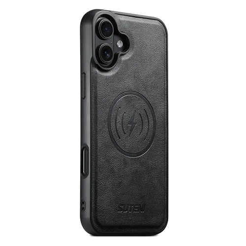 SUTENI G5 For iPhone 16 Case Compatible with MagSafe Cowhide Texture Leather Back Cover - Black - 1