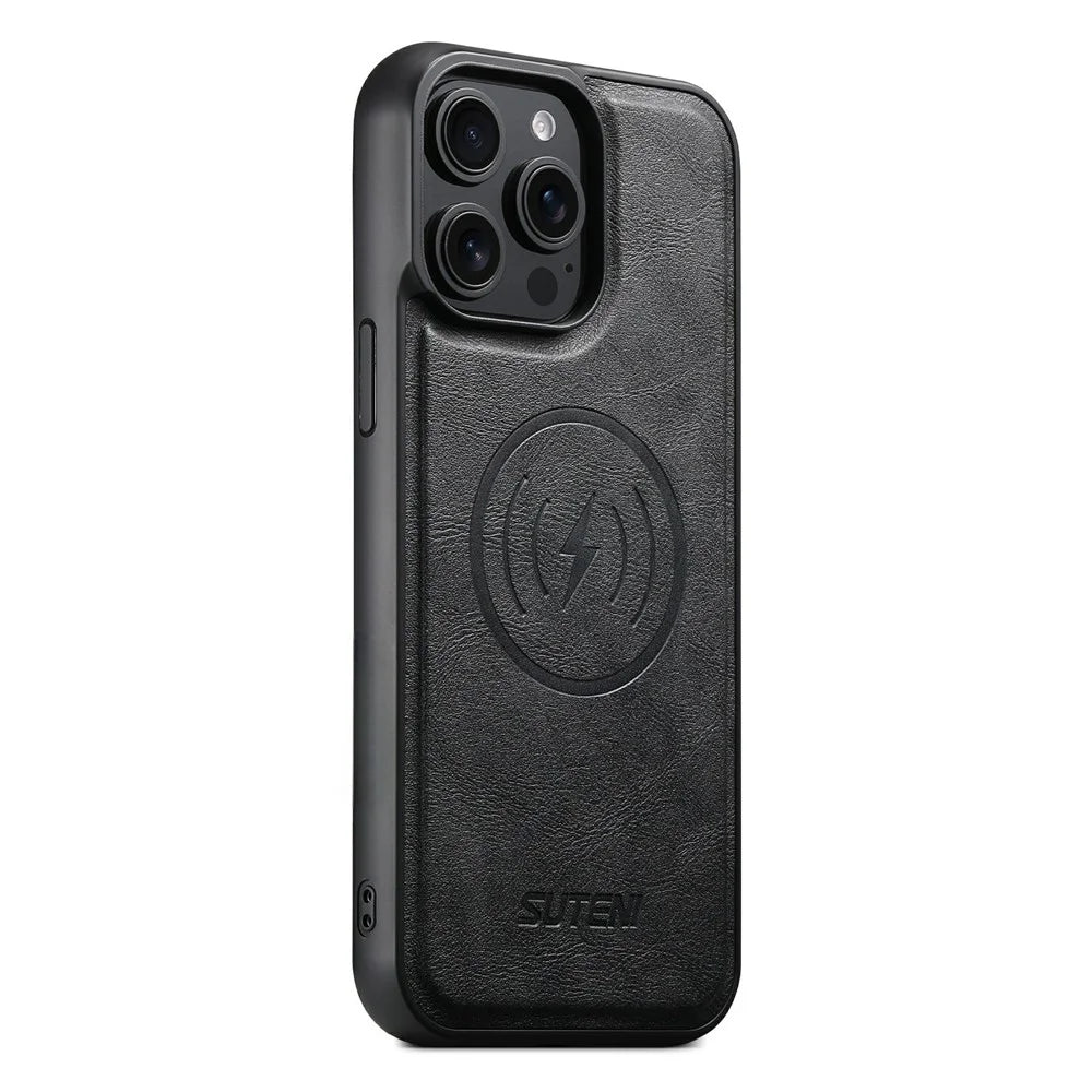 SUTENI G5 For iPhone 15 Pro Case Compatible with MagSafe Cowhide Texture Leather Back Cover - Black - 1