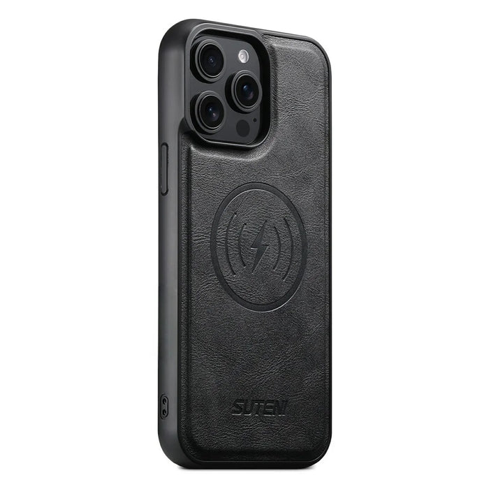 SUTENI G5 For iPhone 15 Pro Case Compatible with MagSafe Cowhide Texture Leather Back Cover - Black - 1