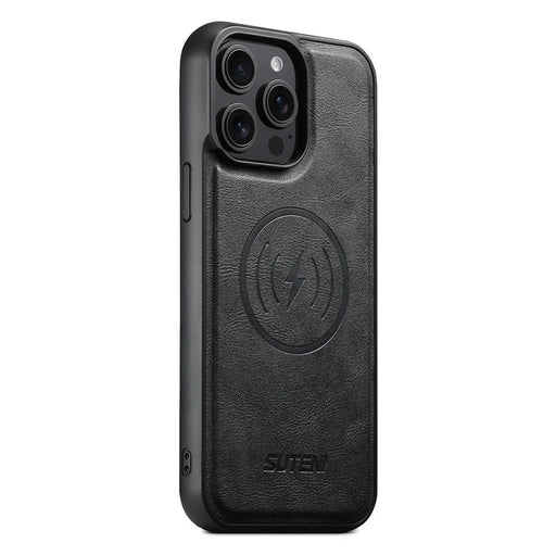 SUTENI G5 For iPhone 14 Pro Case Compatible with MagSafe Cowhide Texture Leather Back Cover - Black - 1