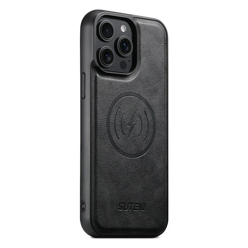 SUTENI G5 For iPhone 13 Pro Max Case Compatible with MagSafe Cowhide Texture Leather Back Cover - Black - 1