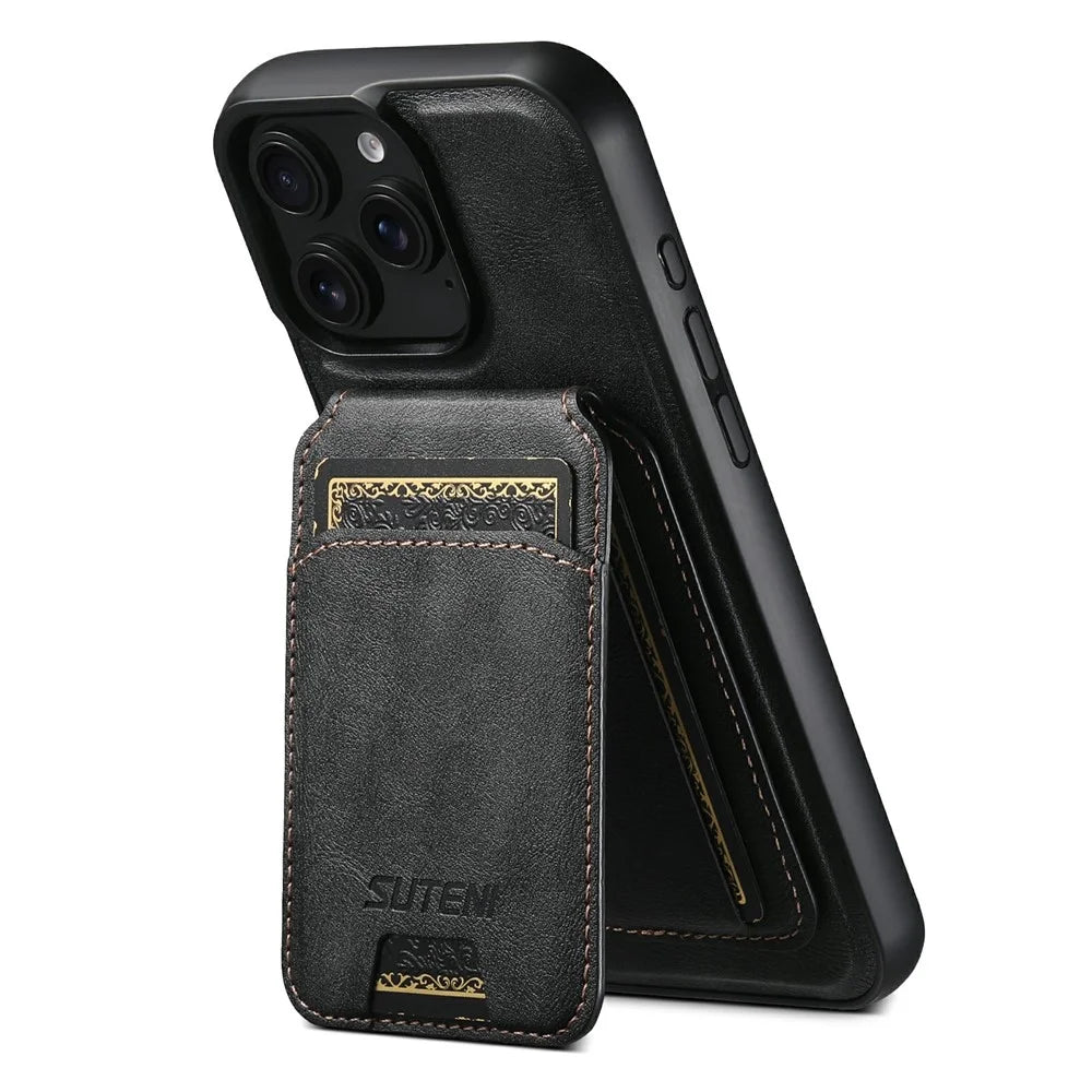 SUTENI M5 For iPhone 15 Pro Max Magnetic Case with Card Bag Cowhide Texture Leather Phone Back Cover - Black - 4