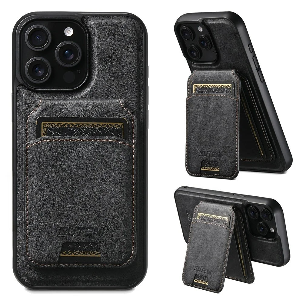 SUTENI M5 For iPhone 15 Pro Magnetic Case with Card Bag Cowhide Texture Leather Phone Back Cover - Black - 1