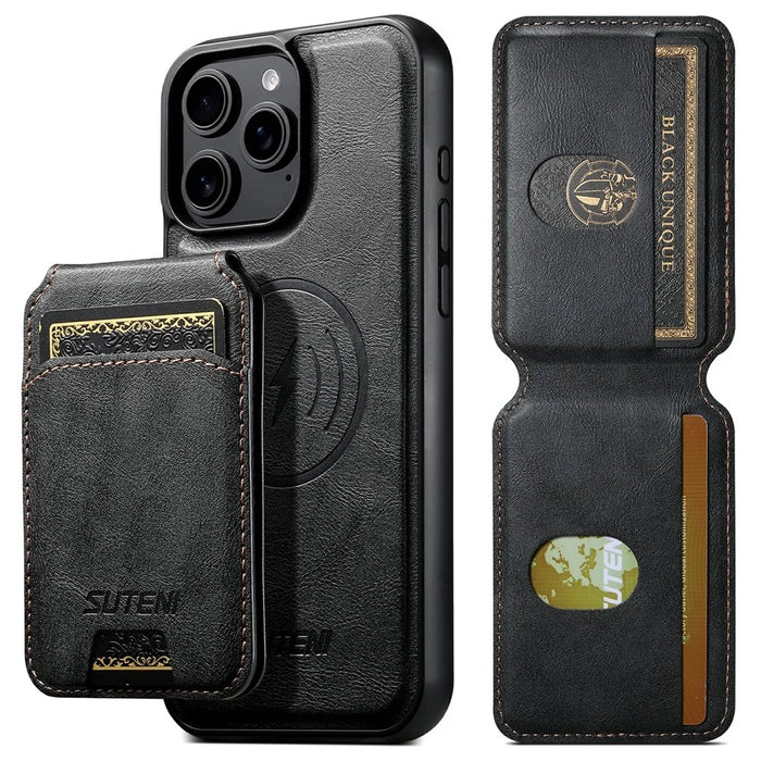 SUTENI M5 For iPhone 15 Pro Magnetic Case with Card Bag Cowhide Texture Leather Phone Back Cover - Black - 2