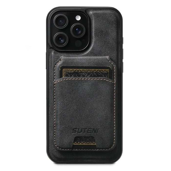 SUTENI M5 For iPhone 15 Pro Magnetic Case with Card Bag Cowhide Texture Leather Phone Back Cover - Black - 3