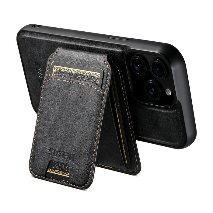 SUTENI M5 For iPhone 15 Pro Magnetic Case with Card Bag Cowhide Texture Leather Phone Back Cover - Black - 5
