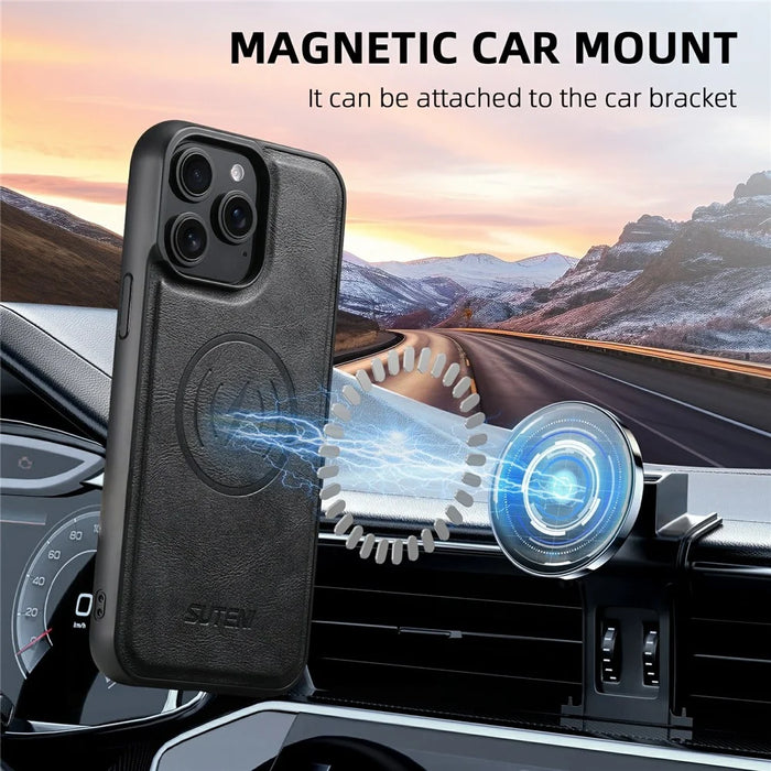 SUTENI M5 For iPhone 15 Pro Magnetic Case with Card Bag Cowhide Texture Leather Phone Back Cover - Black - 7