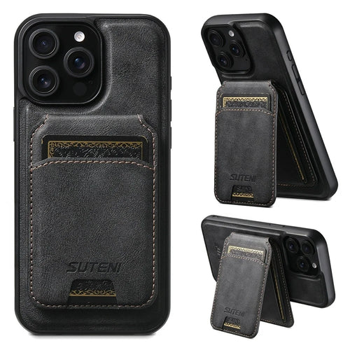 SUTENI M5 For iPhone 14 Pro Max Magnetic Case with Card Bag Cowhide Texture Leather Phone Back Cover - Black - 1