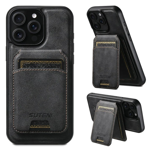 SUTENI M5 For iPhone 14 Pro Max Magnetic Case with Card Bag Cowhide Texture Leather Phone Back Cover - Black - 1