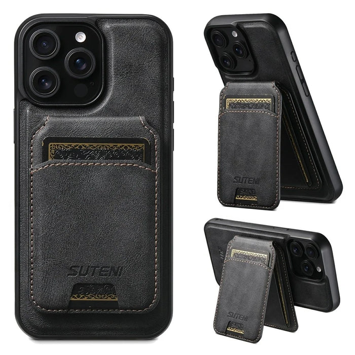 SUTENI M5 For iPhone 14 Pro Max Magnetic Case with Card Bag Cowhide Texture Leather Phone Back Cover - Black - 1