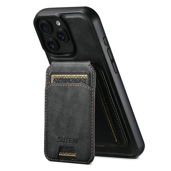 SUTENI M5 For iPhone 14 Pro Max Magnetic Case with Card Bag Cowhide Texture Leather Phone Back Cover - Black - 4
