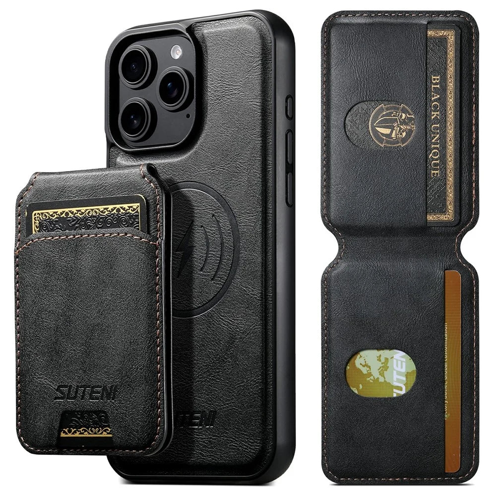 SUTENI M5 For iPhone 14 Pro Magnetic Case with Card Bag Cowhide Texture Leather Phone Back Cover - Black - 2