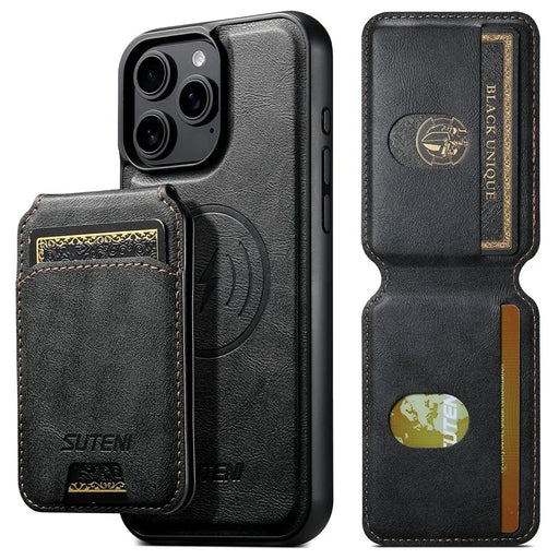 SUTENI M5 For iPhone 14 Pro Magnetic Case with Card Bag Cowhide Texture Leather Phone Back Cover - Black - 2