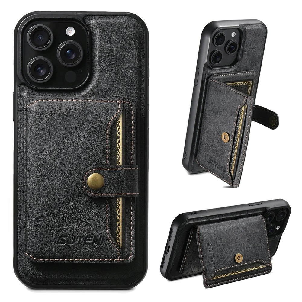 SUTENI M4 For iPhone 15 Pro Max Magnetic Case with Card Holder Cowhide Texture Leather Back Cover - Black - 1