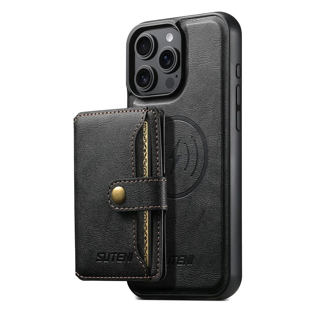 SUTENI M4 For iPhone 15 Pro Max Magnetic Case with Card Holder Cowhide Texture Leather Back Cover - Black - 2