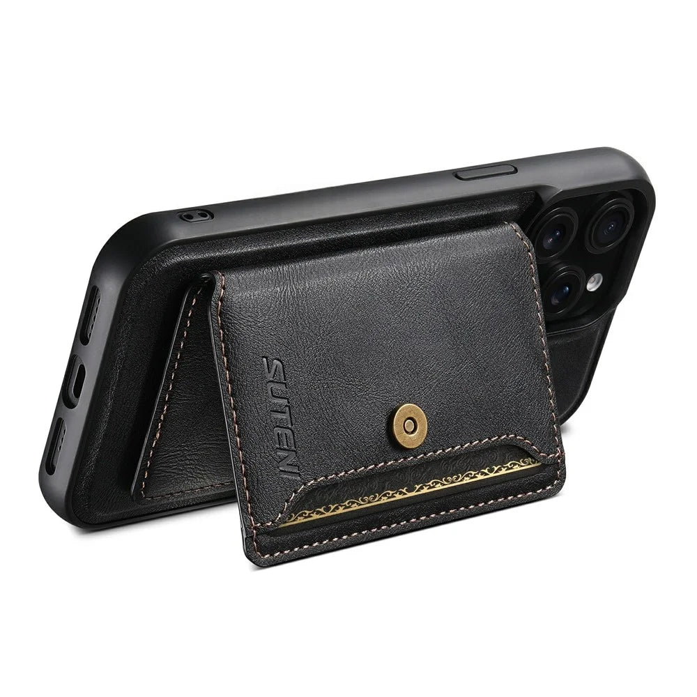 SUTENI M4 For iPhone 15 Pro Max Magnetic Case with Card Holder Cowhide Texture Leather Back Cover - Black - 3
