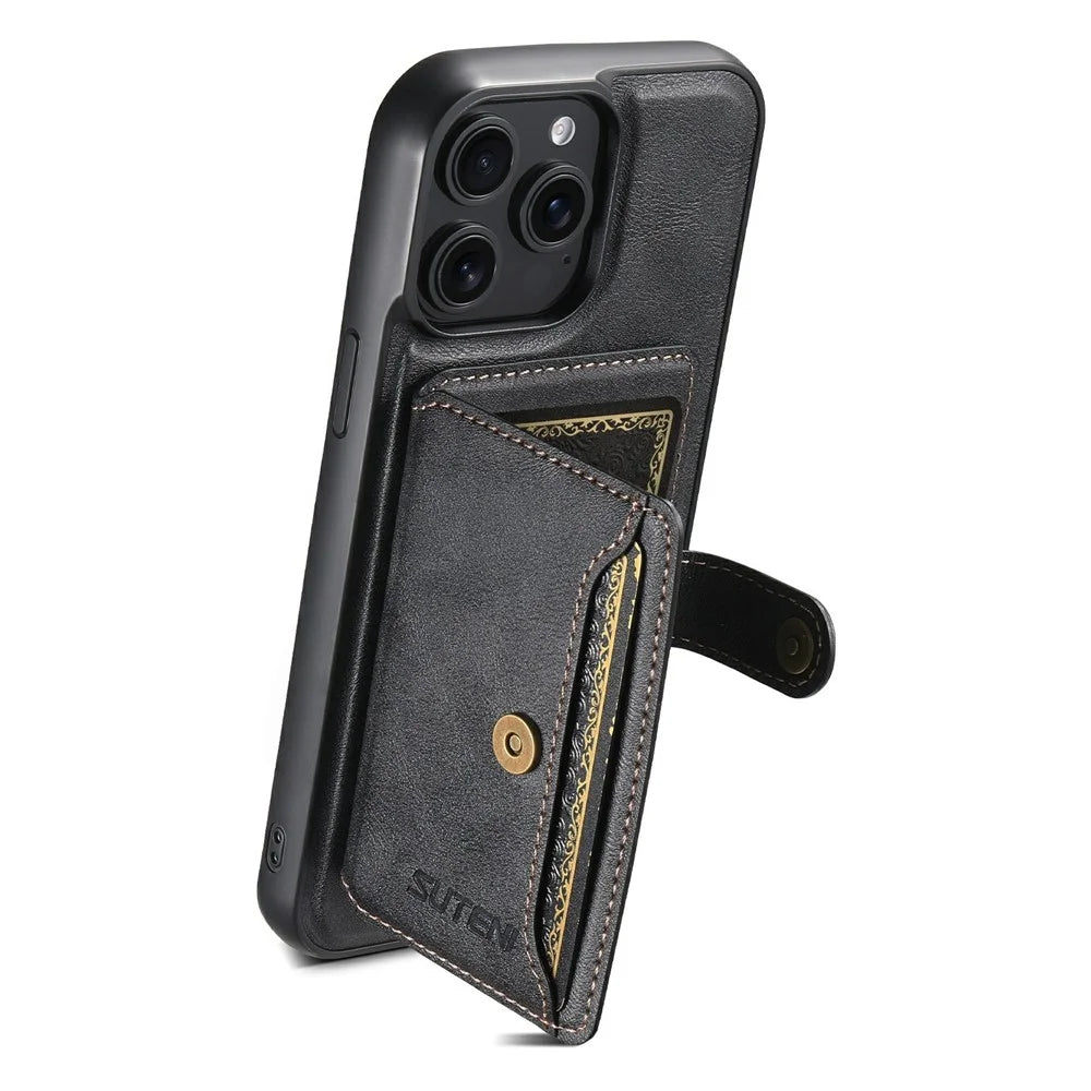 SUTENI M4 For iPhone 15 Pro Max Magnetic Case with Card Holder Cowhide Texture Leather Back Cover - Black - 4
