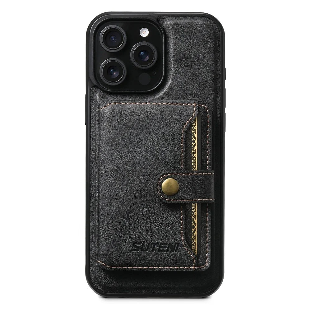SUTENI M4 For iPhone 15 Pro Max Magnetic Case with Card Holder Cowhide Texture Leather Back Cover - Black - 5