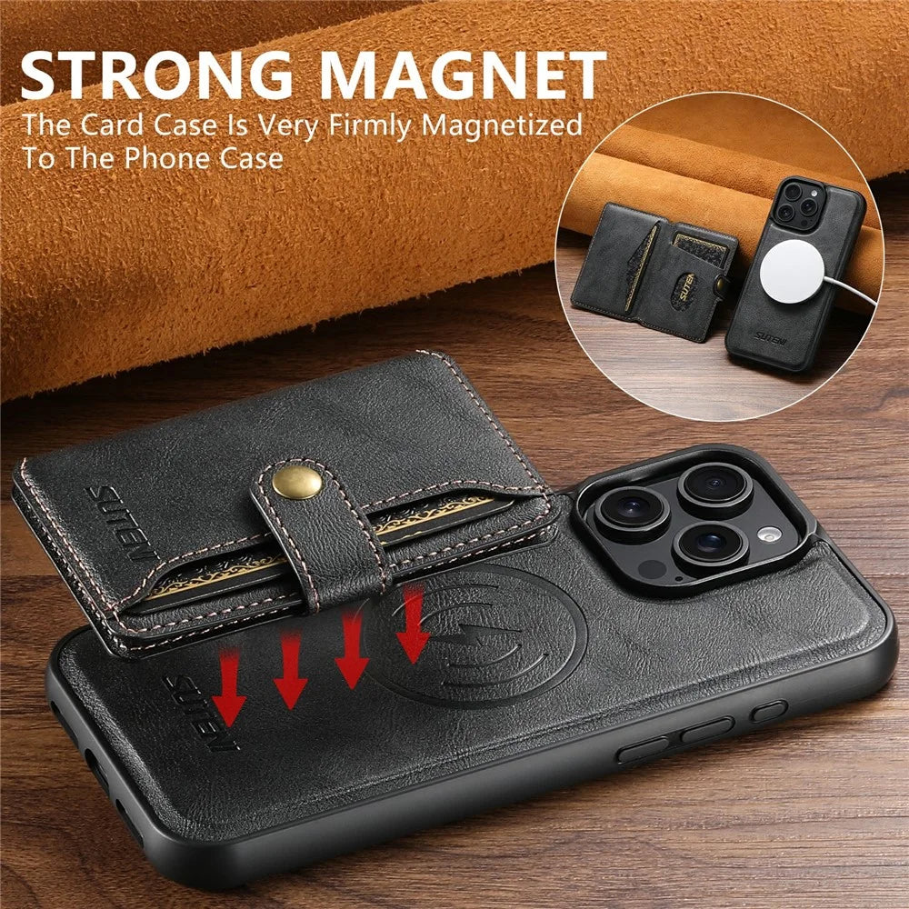 SUTENI M4 For iPhone 15 Pro Max Magnetic Case with Card Holder Cowhide Texture Leather Back Cover - Black - 7