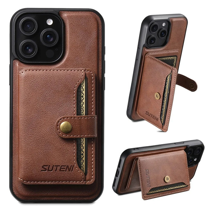 SUTENI M4 For iPhone 15 Pro Magnetic Case with Card Holder Cowhide Texture Leather Back Cover - Brown - 1