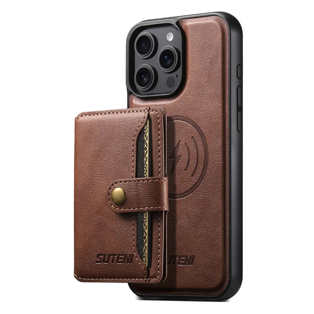 SUTENI M4 For iPhone 15 Pro Magnetic Case with Card Holder Cowhide Texture Leather Back Cover - Brown - 2