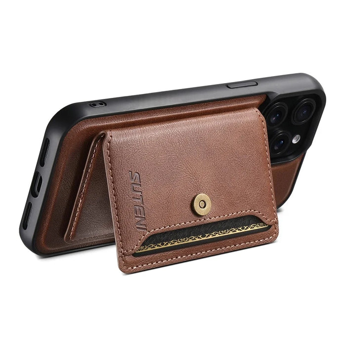 SUTENI M4 For iPhone 15 Pro Magnetic Case with Card Holder Cowhide Texture Leather Back Cover - Brown - 3