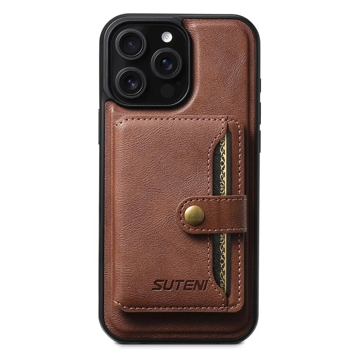 SUTENI M4 For iPhone 15 Pro Magnetic Case with Card Holder Cowhide Texture Leather Back Cover - Brown - 5