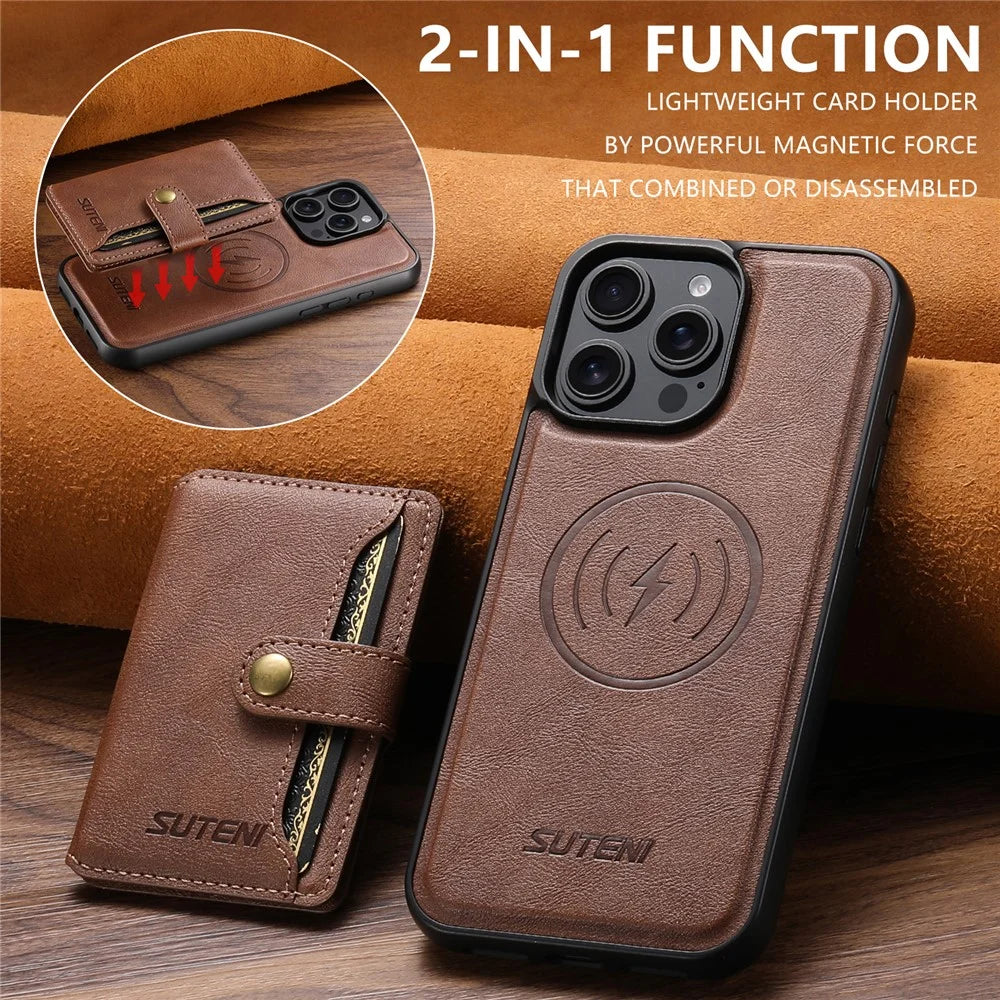 SUTENI M4 For iPhone 15 Pro Magnetic Case with Card Holder Cowhide Texture Leather Back Cover - Brown - 6