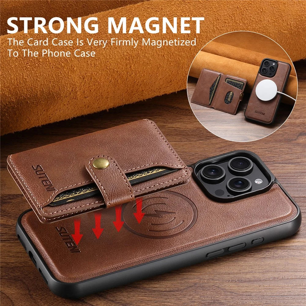 SUTENI M4 For iPhone 15 Pro Magnetic Case with Card Holder Cowhide Texture Leather Back Cover - Brown - 7
