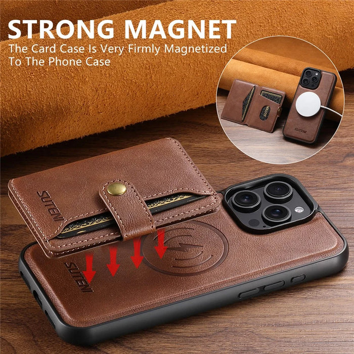 SUTENI M4 For iPhone 15 Pro Magnetic Case with Card Holder Cowhide Texture Leather Back Cover - Brown - 7