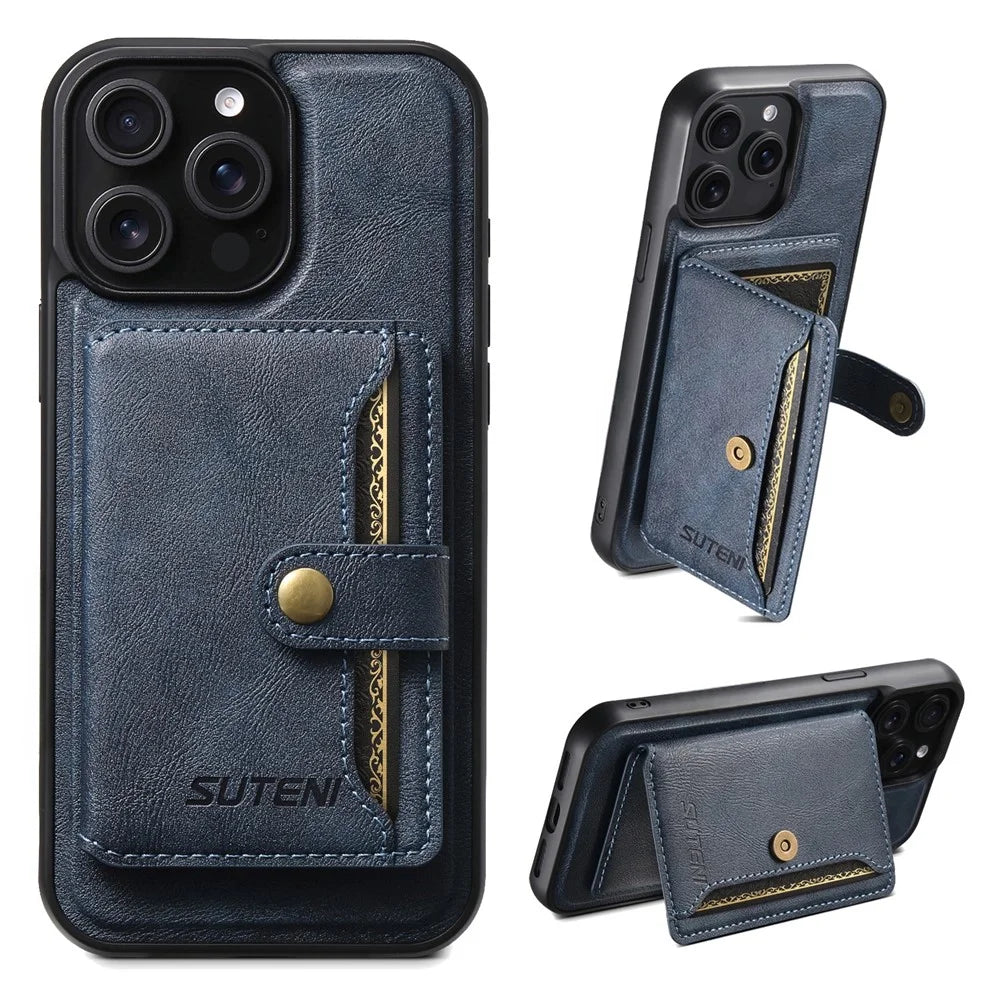SUTENI M4 For iPhone 14 Pro Magnetic Case with Card Holder Cowhide Texture Leather Back Cover - Blue - 1
