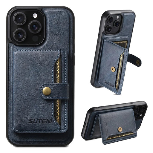 SUTENI M4 For iPhone 14 Pro Magnetic Case with Card Holder Cowhide Texture Leather Back Cover - Blue - 1