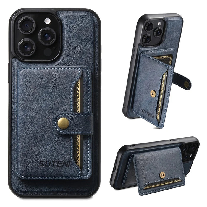 SUTENI M4 For iPhone 14 Pro Magnetic Case with Card Holder Cowhide Texture Leather Back Cover - Blue - 1