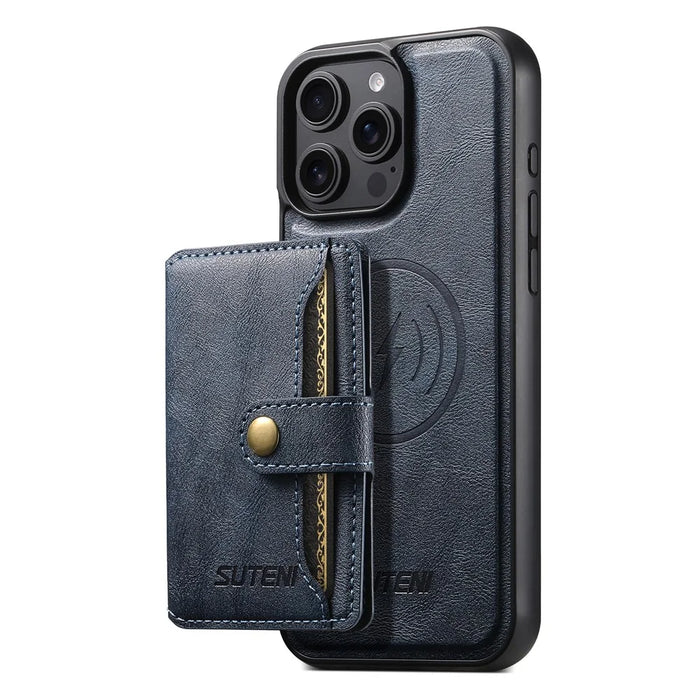 SUTENI M4 For iPhone 14 Pro Magnetic Case with Card Holder Cowhide Texture Leather Back Cover - Blue - 2