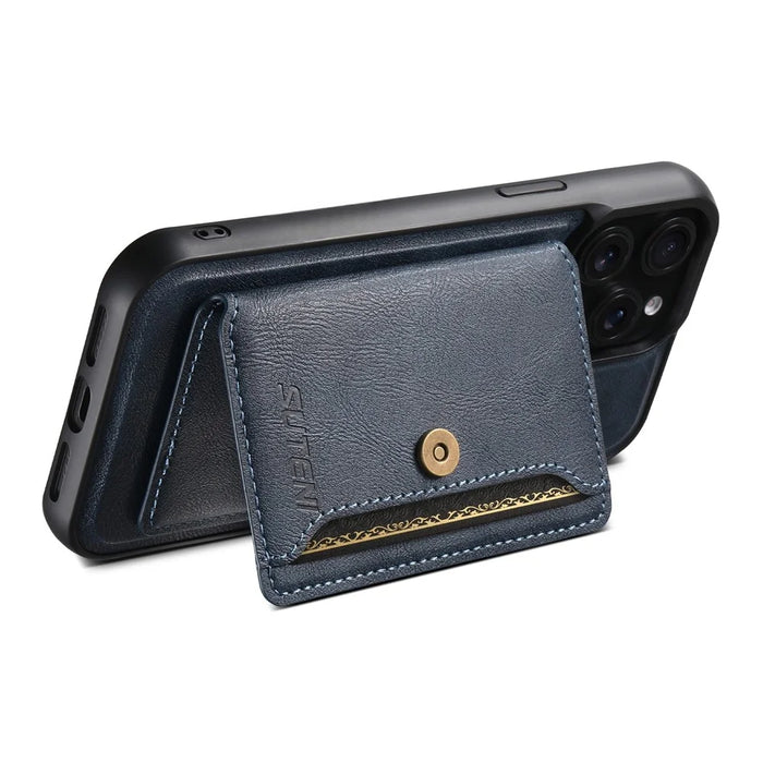 SUTENI M4 For iPhone 14 Pro Magnetic Case with Card Holder Cowhide Texture Leather Back Cover - Blue - 3