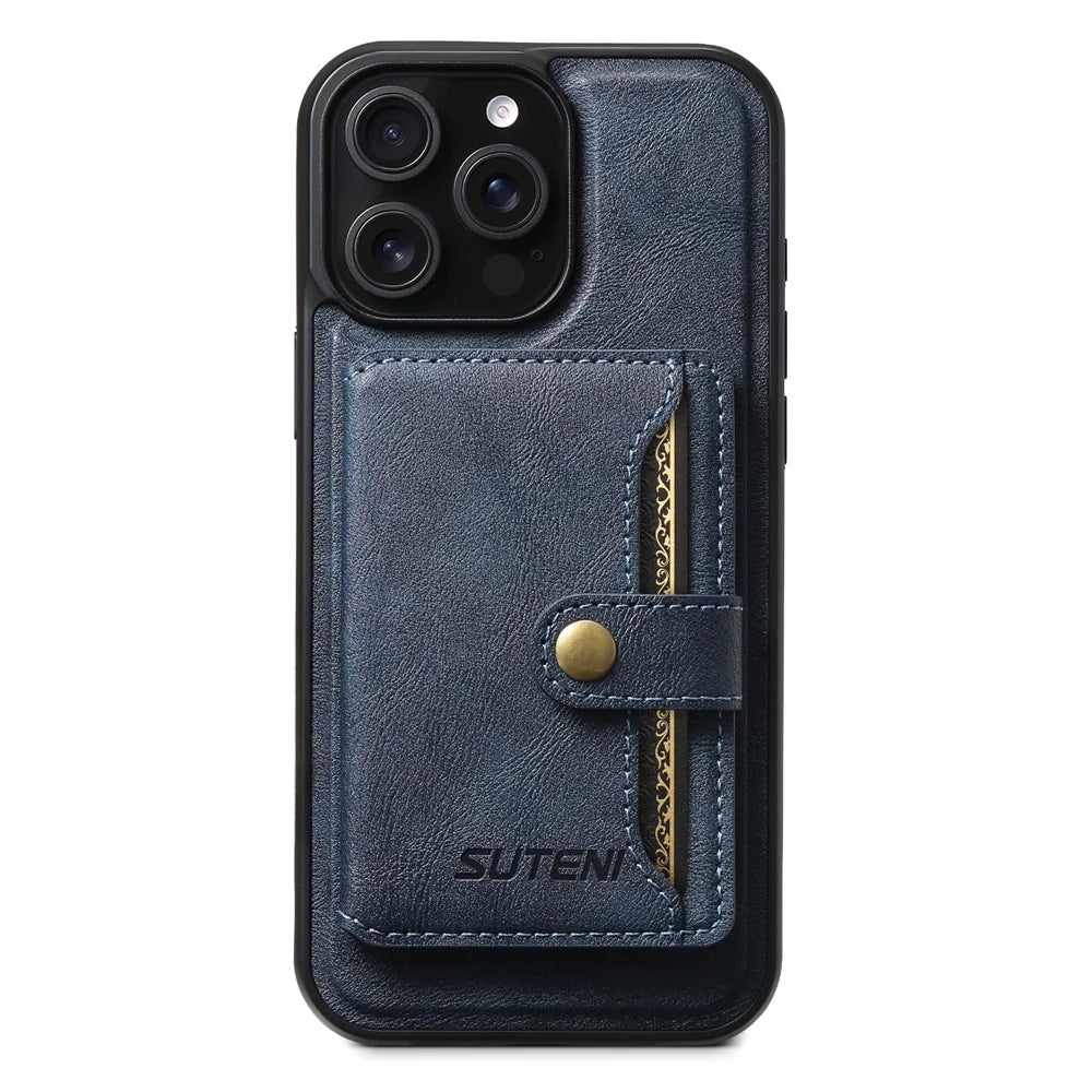 SUTENI M4 For iPhone 14 Pro Magnetic Case with Card Holder Cowhide Texture Leather Back Cover - Blue - 5