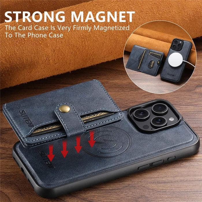 SUTENI M4 For iPhone 14 Pro Magnetic Case with Card Holder Cowhide Texture Leather Back Cover - Blue - 7