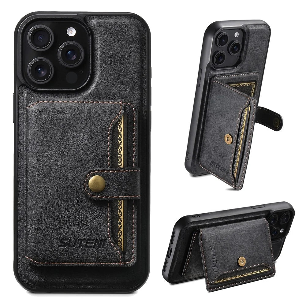 SUTENI M4 For iPhone 13 Pro Max Magnetic Case with Card Holder Cowhide Texture Leather Back Cover - Black - 1