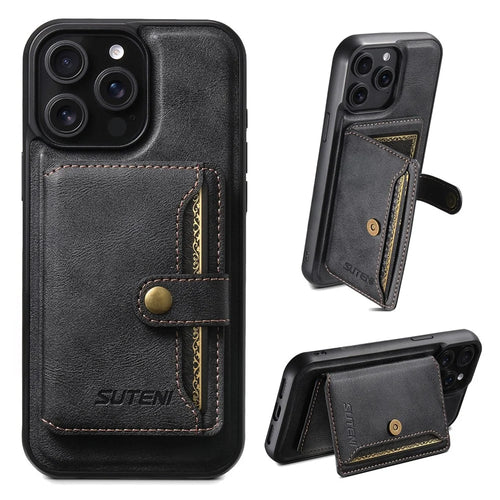 SUTENI M4 For iPhone 13 Pro Max Magnetic Case with Card Holder Cowhide Texture Leather Back Cover - Black - 1