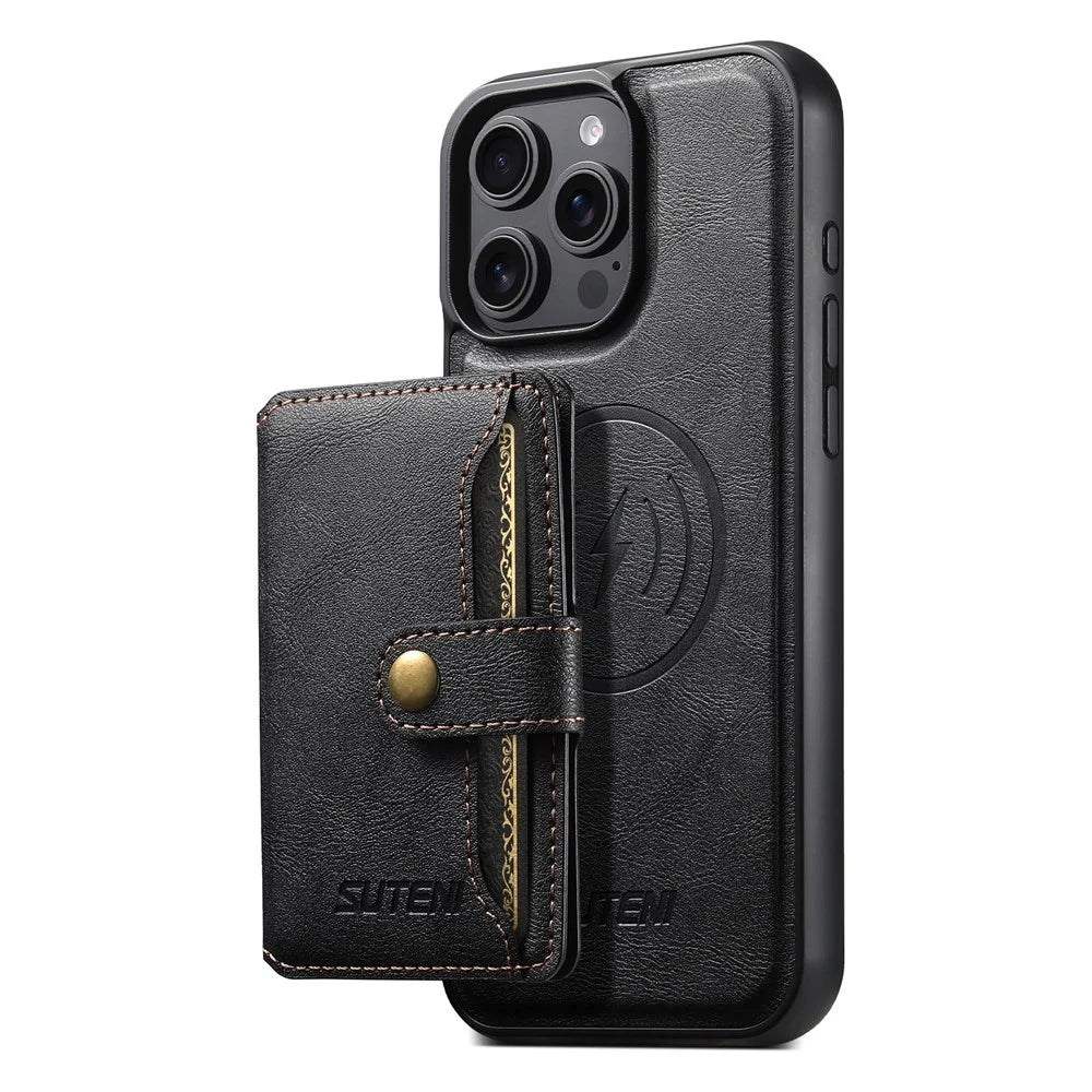 SUTENI M4 For iPhone 13 Pro Max Magnetic Case with Card Holder Cowhide Texture Leather Back Cover - Black - 2