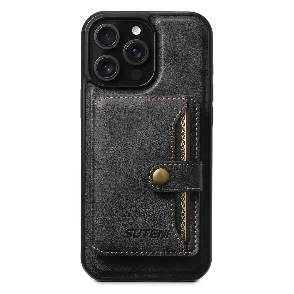 SUTENI M4 For iPhone 13 Pro Max Magnetic Case with Card Holder Cowhide Texture Leather Back Cover - Black - 5